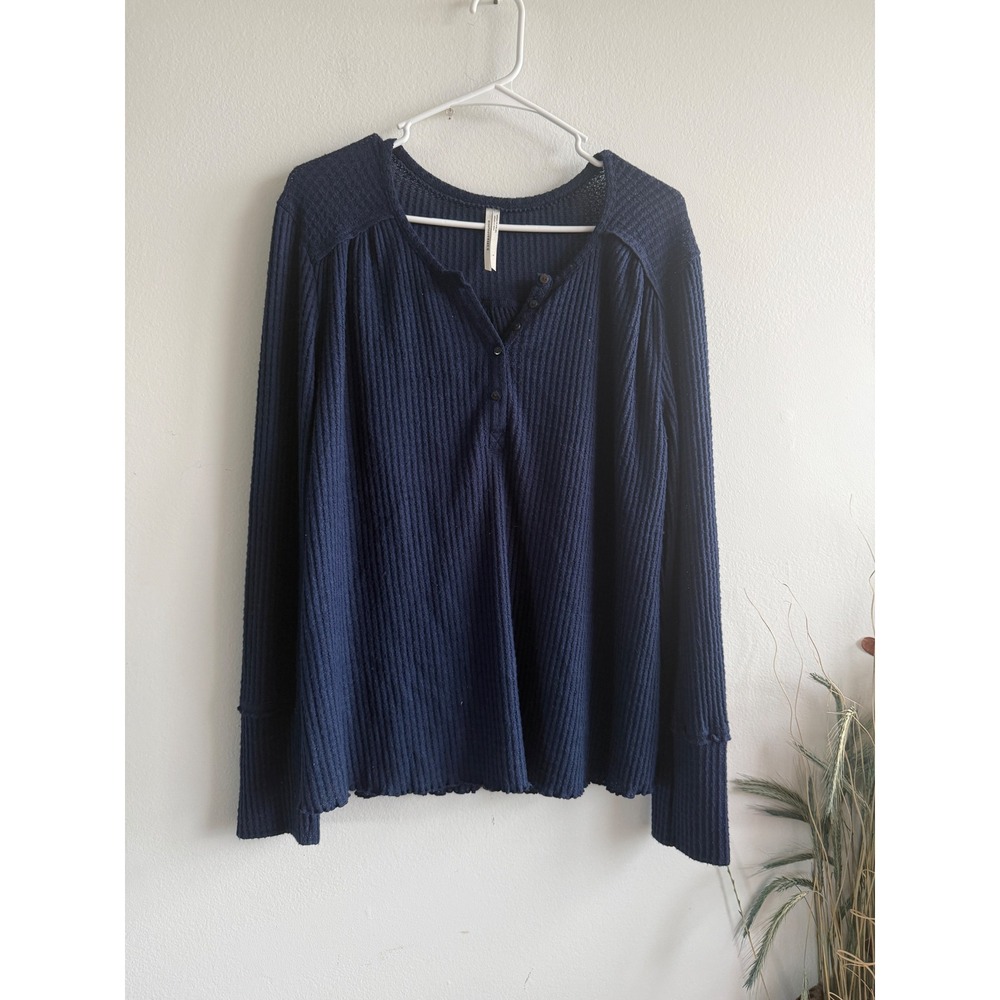 Anthropologie Womens Navy Blue Waffle Knit Henley Long Sleeve‎ Top Large 1192